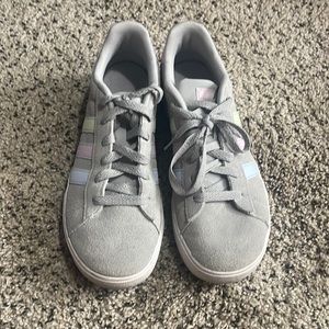 Adidas shoes, kids size 5, grey with colorful stripes